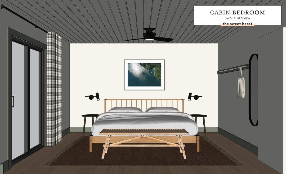 SketchUp drawing of a cabin bedroom looking at the foot of the bed