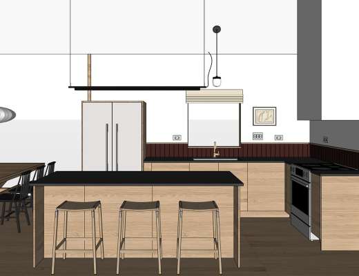 A SketchUp drawing of a modern kitchen with oak slab doors and no upper cabinets.