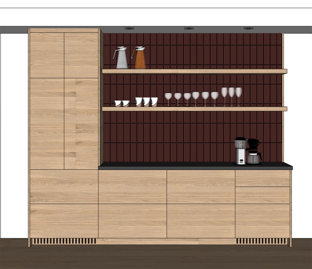 SketchUp drawing of a bar and coffee nook with floating shelves.