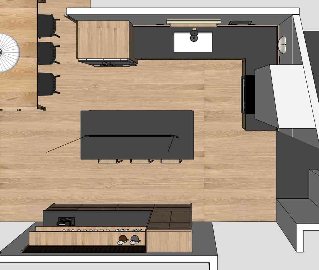 A SketchUp drawing of an l-shaped kitchen with island viewed from overhead.