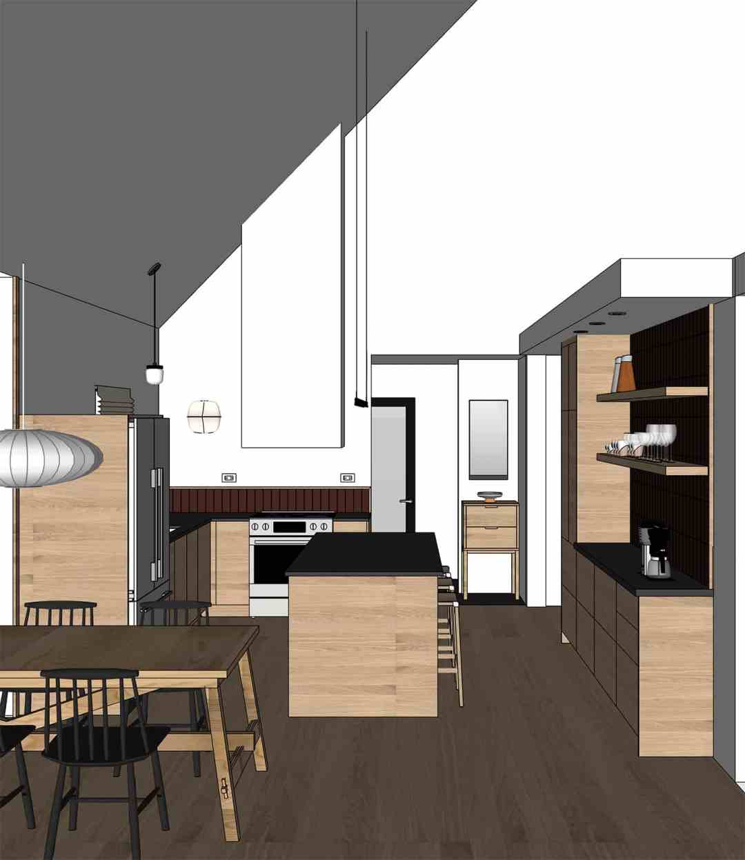 SketchUp drawing of a kitchen with a high sloped ceiling and modern slab oak cabinets.